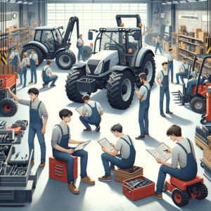 DALL·E 2024-01-24 15.26.13 - Image_ Students in a garage setting, inspecting and repairing vehicles, forklifts, and tractors