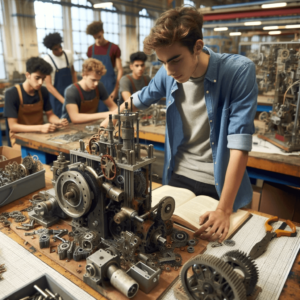 DALL·E 2024-01-24 15.26.14 - Image_ Students in a workshop, working on mechanical components and machinery