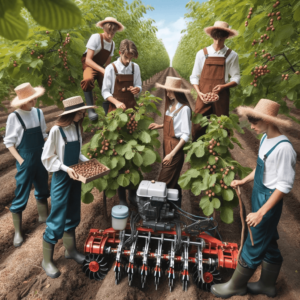 DALL·E 2024-01-24 15.26.16 - Image_ Students in agricultural attire, tending to hazelnut trees and operating modern agricultural equipment